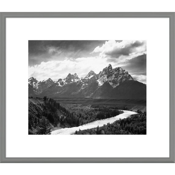 Global Gallery Ansel Adams 'View from river valley towards snow covered mountains, river in foreground, Grand Teton National Park, Wyoming , 1941' Framed Wall Art