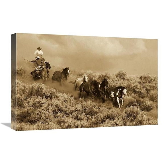Global Gallery GCS-453703-1624-142 16 x 24 in. Cowboys Herding A Horse Group Through Sagebrush, Oregon - Sepia Art Print - Konrad Wothe
