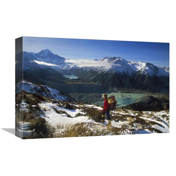 Global Gallery  Mueller Glacier Terminal Lake - Hiker Viewing Aoraki - Mt Cook NP - New Zealand Art Print - Colin Monteath