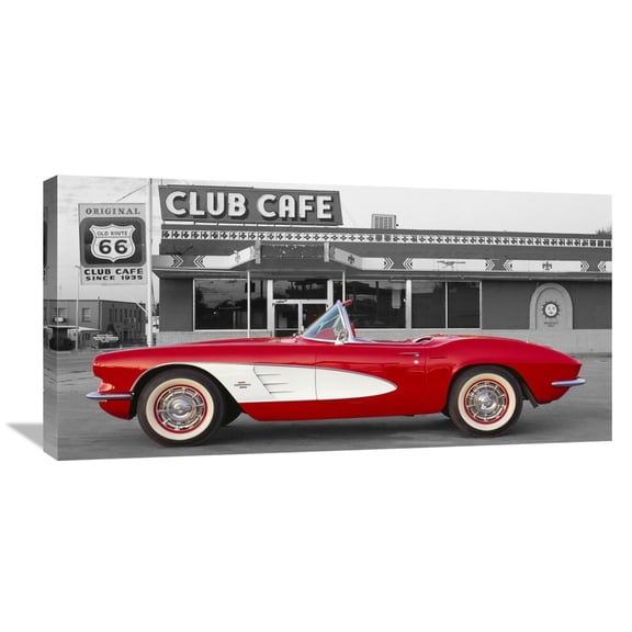 Global Gallery Unknown,'1961 Chevrolet Corvette at Club Cafe on Route 66' Stretched Canvas Artwork