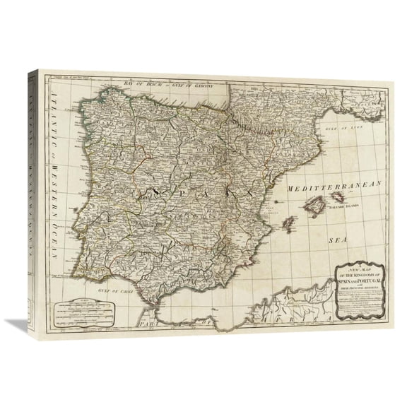 Global Gallery's 'A new map of the Kingdoms of Spain and Portugal, 1790' By Thomas Kitchin Stretched Canvas Wall Art