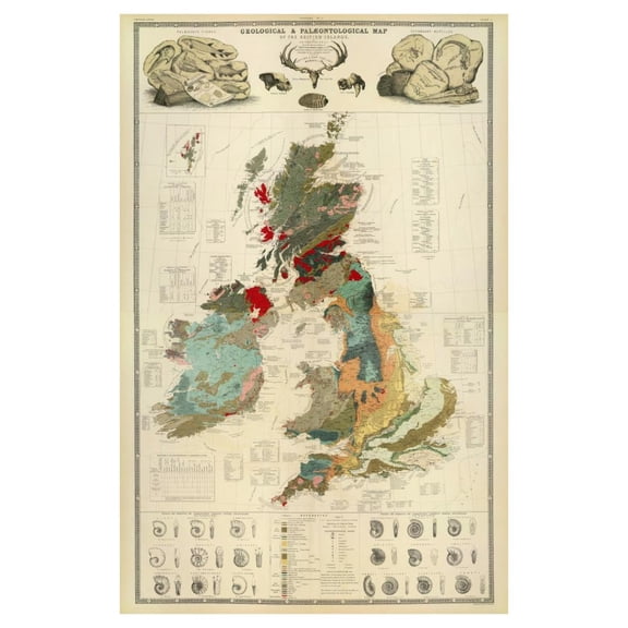 Global Gallery's 'Composite: Geological, palaeontological map British Islands, 1854' By Alexander Keith Johnston Unframed Giclee on Paper Print