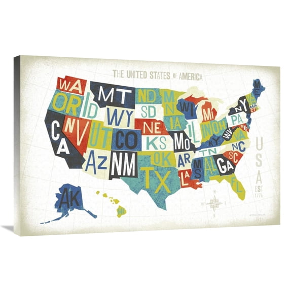 Global Gallery's 'Letterpress USA Map' By Michael Mullan Stretched Canvas Wall Art
