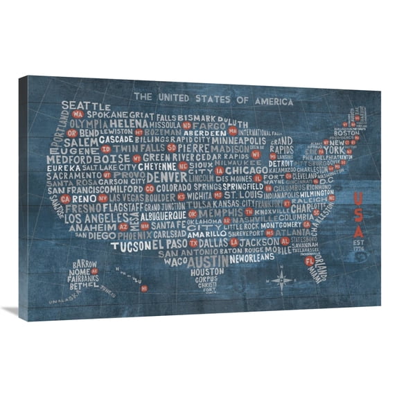 Global Gallery's 'US City Map on Wood Blue' By Michael Mullan Stretched Canvas Wall Art