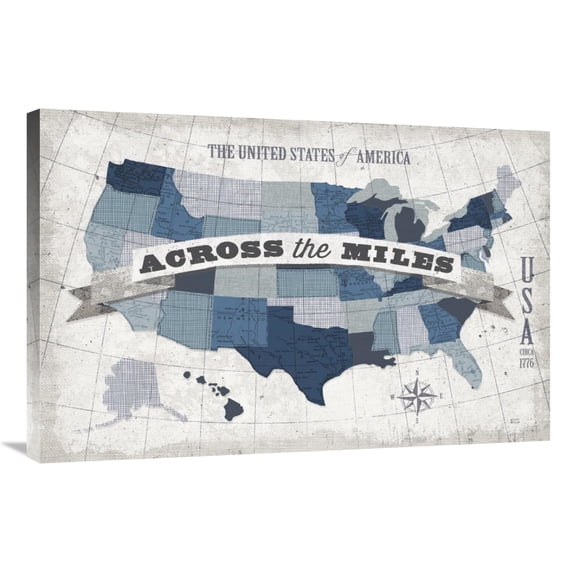 Global Gallery's 'USA Modern Vintage Blue Grey with Words' By Michael Mullan Stretched Canvas Wall Art