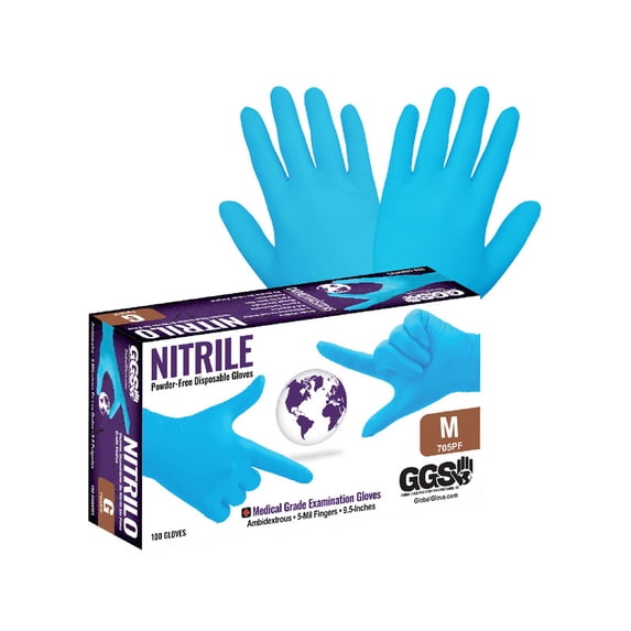 Nitrile, 705PF-M Powder-Free, Medical-Grade, Blue, 5-Mil, Textured Fingertips, 9.5-Inch Disposable Examination Gloves, 100/Box