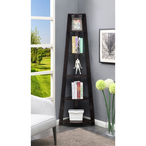 Global Greatness 5 Tier Corner Bookshelf, Espresso Finish, 5 Tiers of Shelving, Unique Corner Design, Perfect for Home Office or Living Room Use