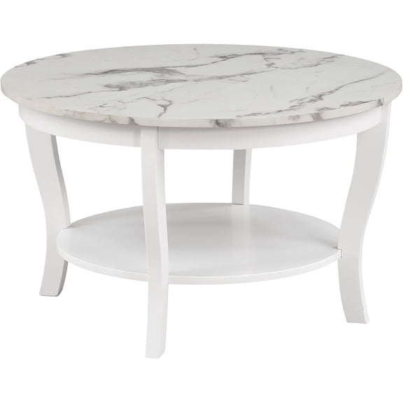 Global Greatness Round Coffee Table with Shelf, Wood Finish, Classic Transitional Style Table, Two Tier Spacious Shelving, 30.00 x 30.00 x 18.00 Inch