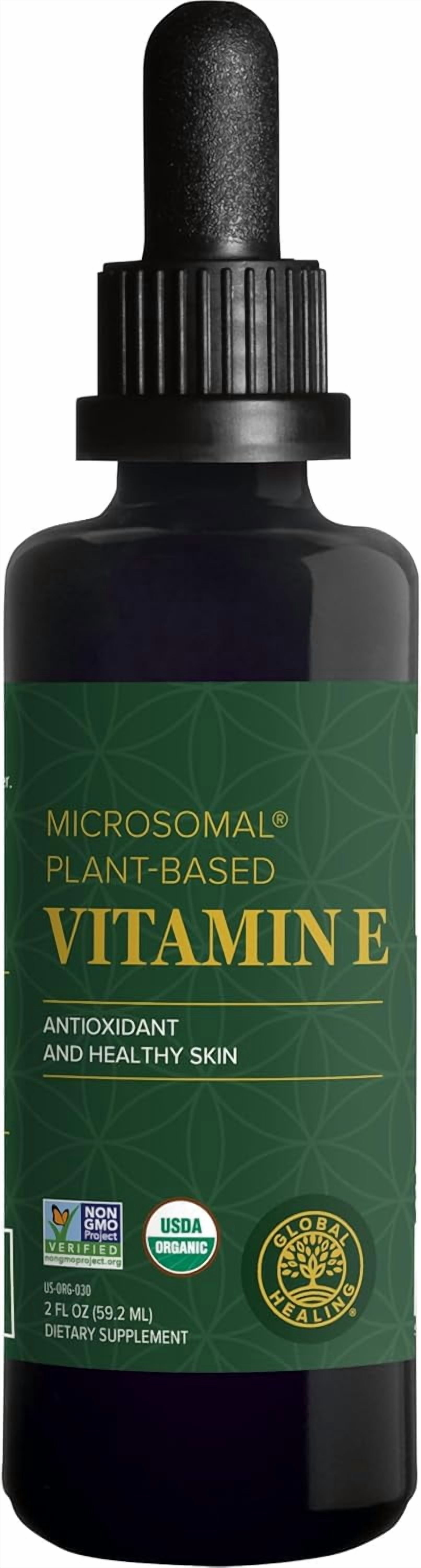 Global Healing Organic Vitamin E Liquid Drops - 40 mg Natural D-Alpha Tocopherol - Vegan Liposomal Vitamin E Oil for Skin Health & Daily Wellness - Non-GMO, Gluten-Free, 2 fl oz