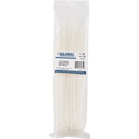 Global Industrial, 11" 75 lb UV Cable Zip Ties 100 Count