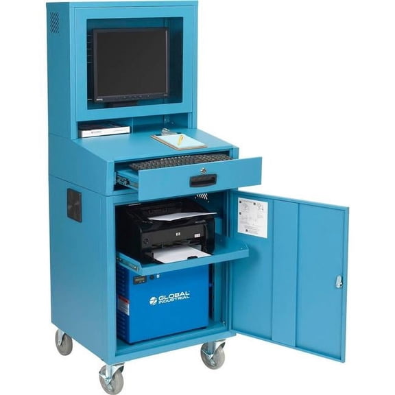 Global Industrial 239115PBL Mobile Powered LCD Computer Cabinet - 1331Wh Battery - Blue - Unassembled