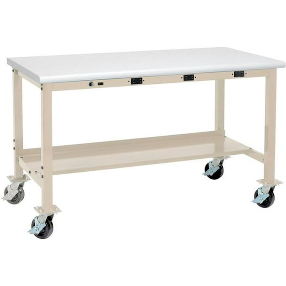 Global Industrial 253993HBTN 72 x 30 in. Mobile Production Workbench - Power Apron - ESD Safety Edge - Tan