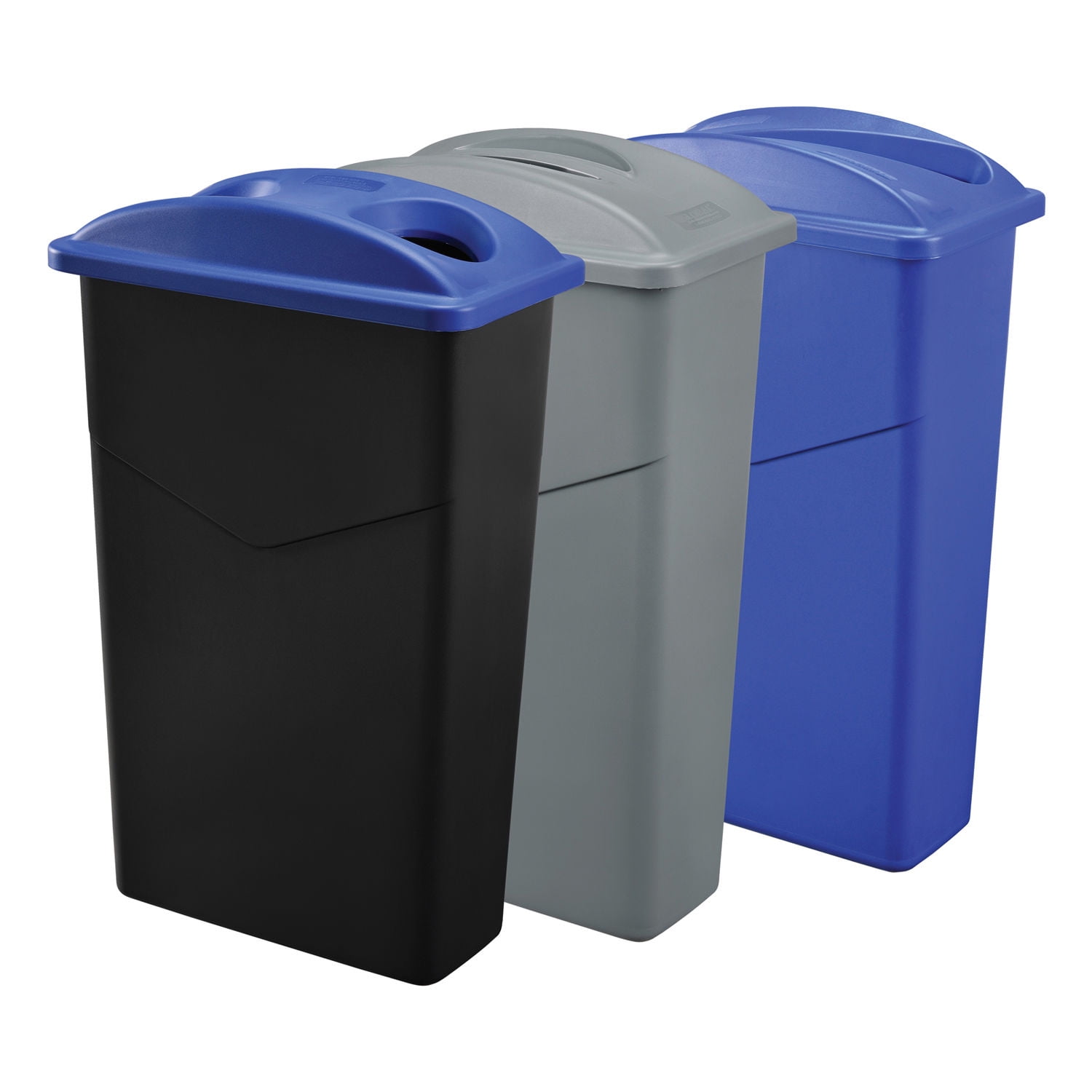 Heavy Duty Gray, Blue, and Black Plastic Recycling Trash Container System