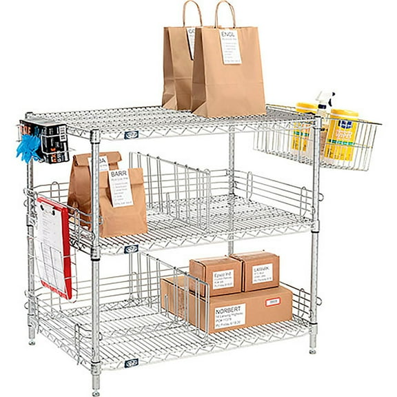 Global Industrial TG18603EP 34 x 60 x 18 in. Nexelate Silver Epoxy To Go Rack with 3 Wire Shelves, Dividers & Ledges