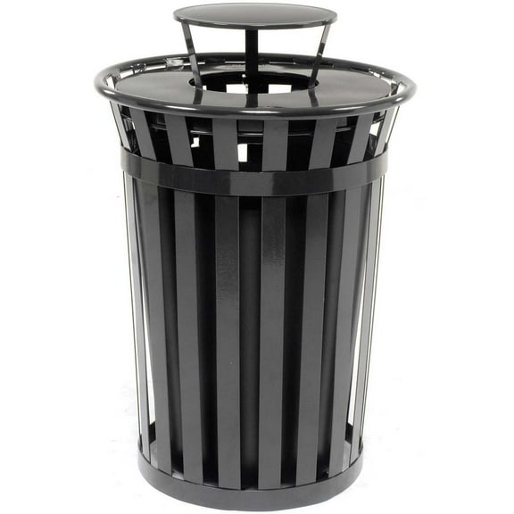 36 Gallon Outdoor Metal Slatted Trash Receptacle with Rain Bonnet Lid, Black