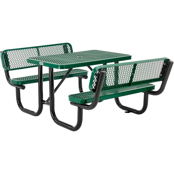 Global Industrial 277620GN 4 ft. Rectangular Outdoor Expanded Metal Picnic Table with Backrests, Green