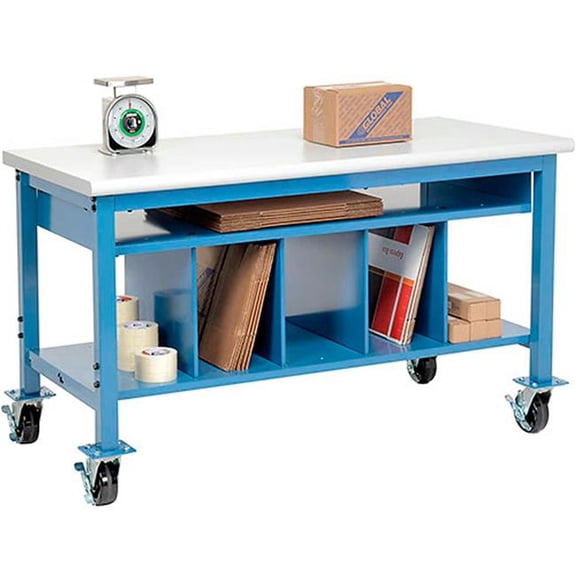 Global Industrial 412466A Mobile Packing Workbench with Lower Shelf Kit - Laminate Safety Edge - 60 x 36 in. - Blue