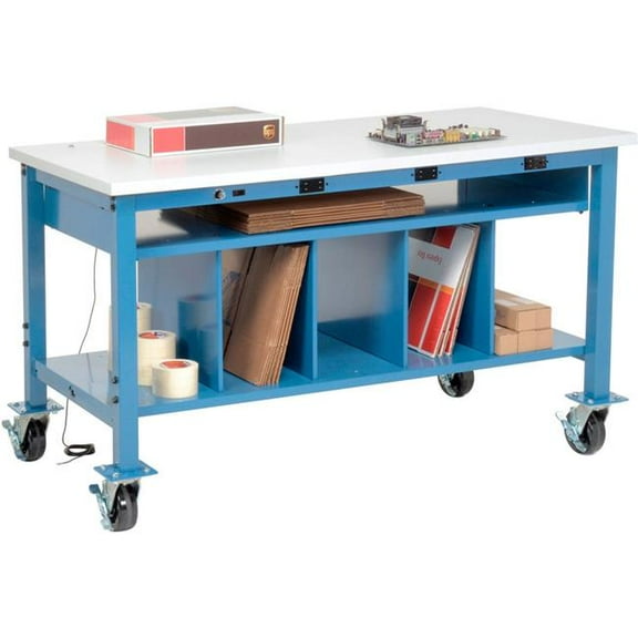 Global Industrial 412472AB Mobile Packing Workbench with Lower Shelf & Power - ESD Square Edge - 60 x 36 in. - White