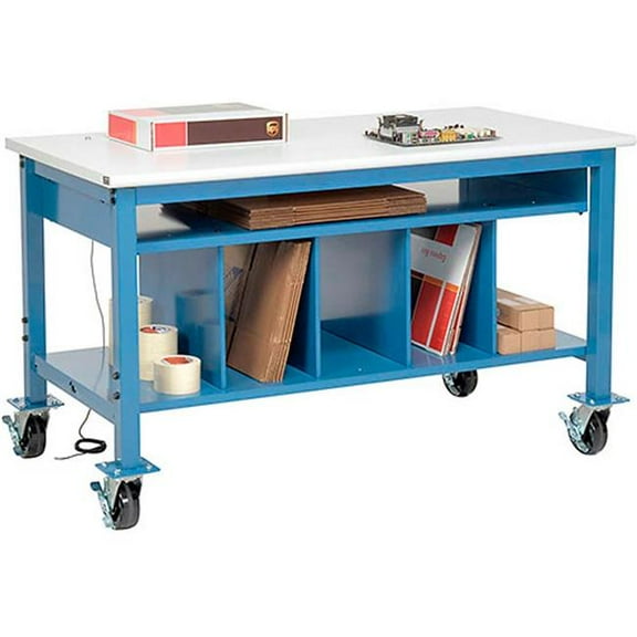 Global Industrial 412475A Mobile Packing Workbench with Lower Shelf Kit - ESD Safety Edge - 72 x 36 in. - Blue