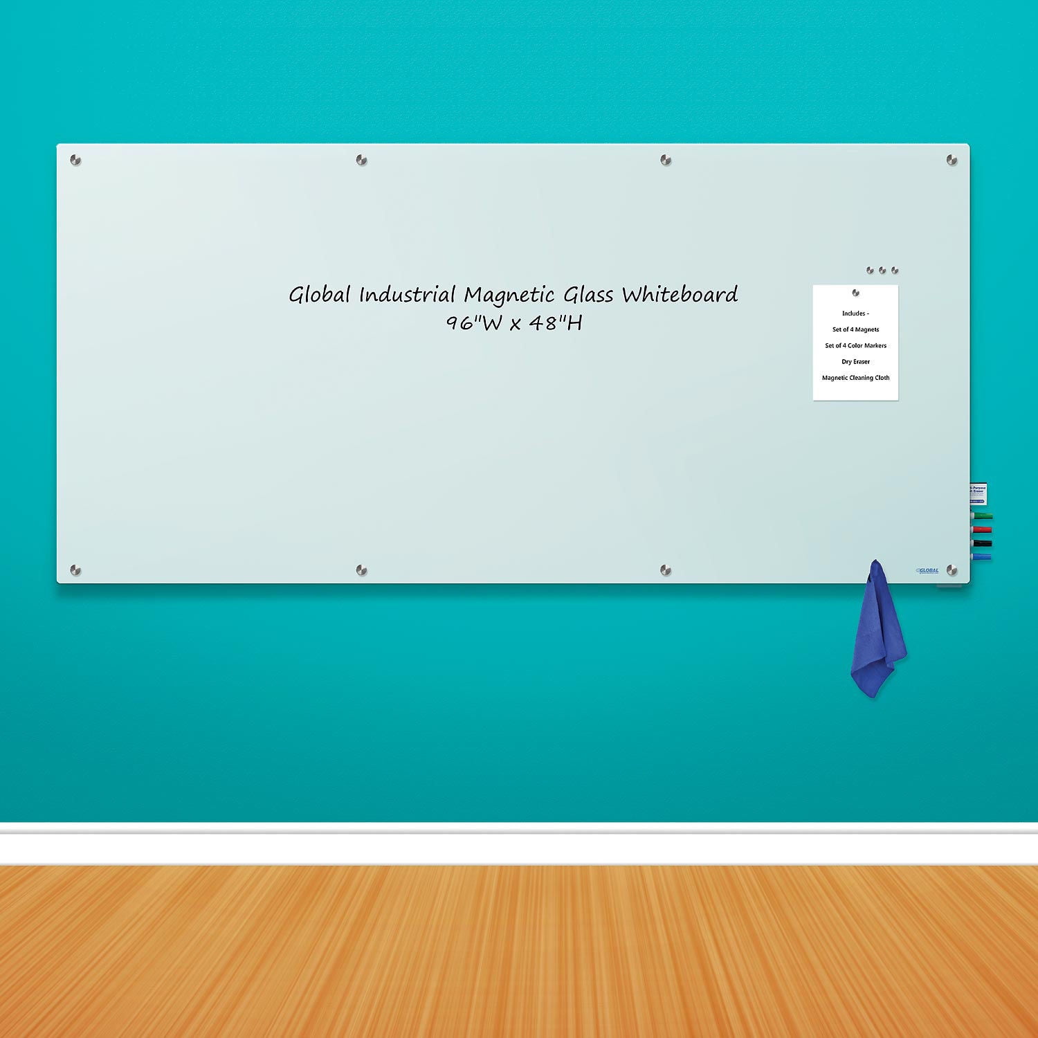 Large White Magnetic Glass Dry Erase Board, 96" x 48"