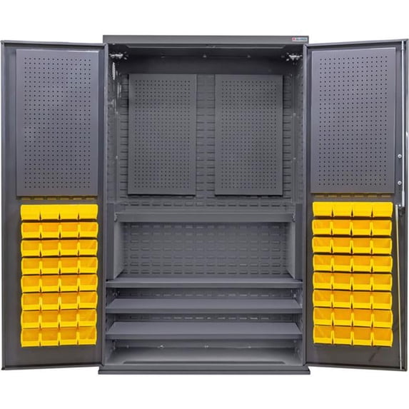 Global Industrial 708730SYL Configurable Pegboard Cabinet with 4 Shelves 72 Yellow Bins, Gray - 48 x 24 x 78 in.