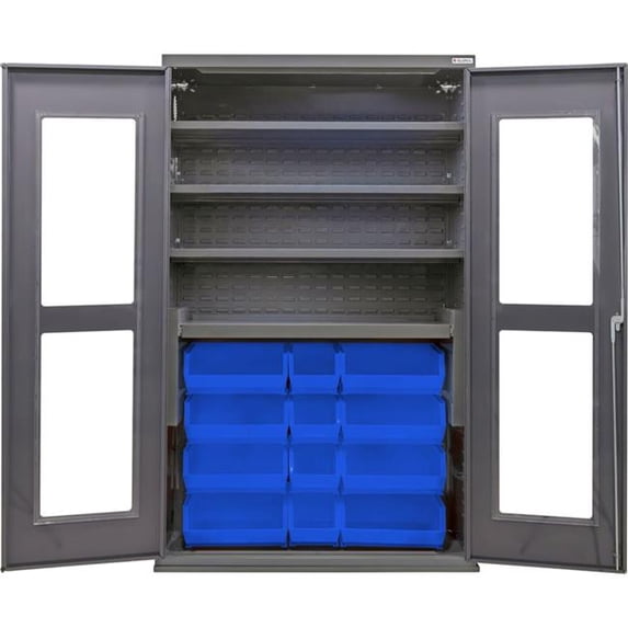 Global Industrial 708788SBL Clear-View Configurable Plastic Bin Cabinet with 4 Shelves 24 Blue Bins, Gray - 48 x 24 x 78 in.