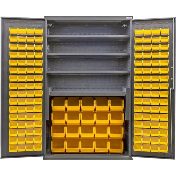 Global Industrial 708863SYL E-Locking Configurable Bin Cabinet with 3 Shelves 156 Yellow Bins - 48 x 24 x 78 in.