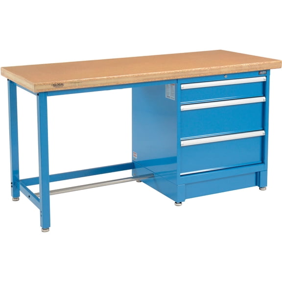 Global Industrial 72"W x 30"D Modular Workbench with 3 Drawers, Shop Top Safety Edge, Blue