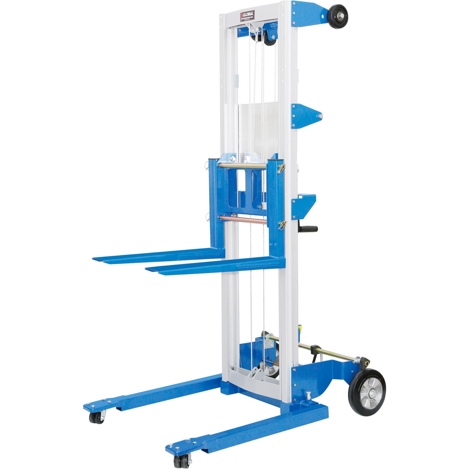 Heavy-Duty Blue and Silver Manual Lift Truck with Straddle Legs