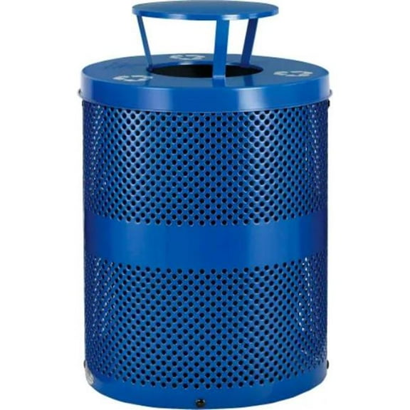 Global Industrial B3178681 Outdoor Perforated Steel Recycling Trash Can - Rain Lid - 36 gal - Blue