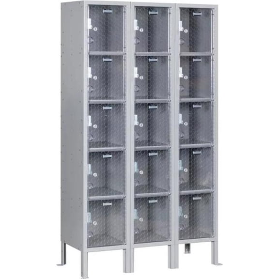 Global Industrial B3191744GYA 5-Tier 15 Door Clear View Locker - 36 x 15 x 66 in. - Gray - Assembled