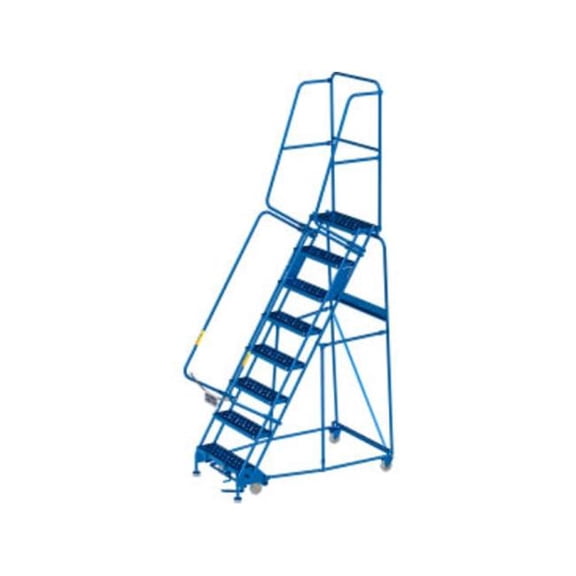 Global Industrial B3202255 24 in. 8 Step Steel Rolling Ladder - Perforated Step Cal-OSHA Handrail - Blue