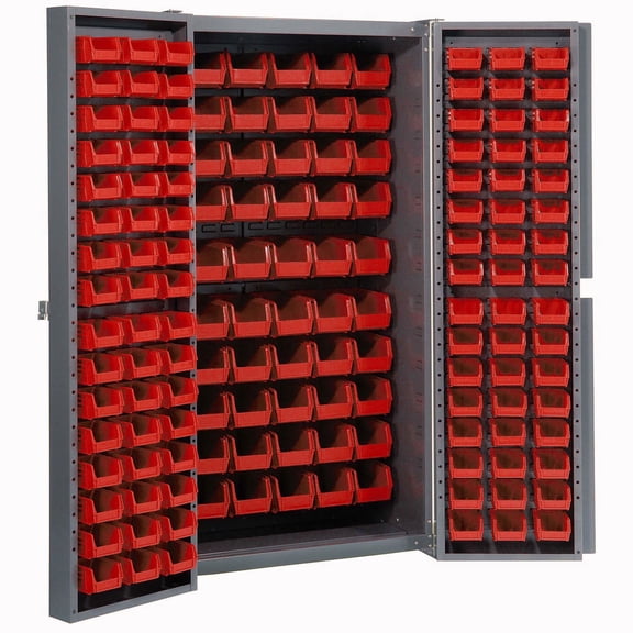 Global Industrial Bin Cabinet with 156 Red Bins, 38x24x72, Unassembled
