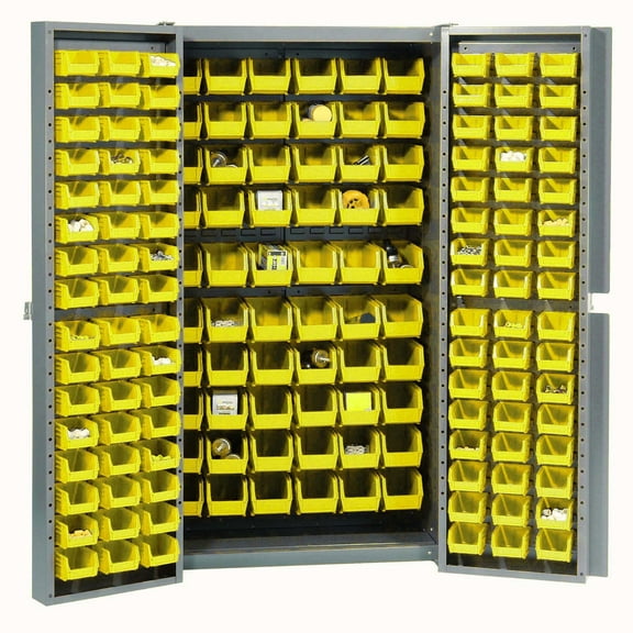 Global Industrial Bin Cabinet with 156 Yellow Bins, 38x24x72, Assembled