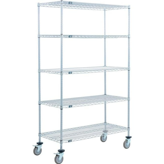 Global Industrial C14486PEPB5 Nexel 5 Shelf Truck, Nexelate 48 x 14 x 69 in. - Polyurethane Swivel Casters 2 Brakes - Silver
