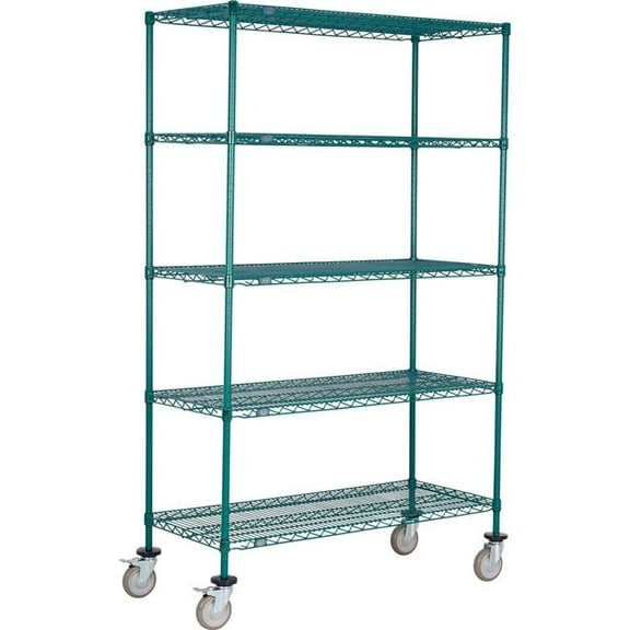 Global Industrial C14607PGB5 Nexel 5 Shelf Truck, Poly-Green 60 x 14 x 80 in. - Polyurethane Swivel Casters 2 Brakes - Green