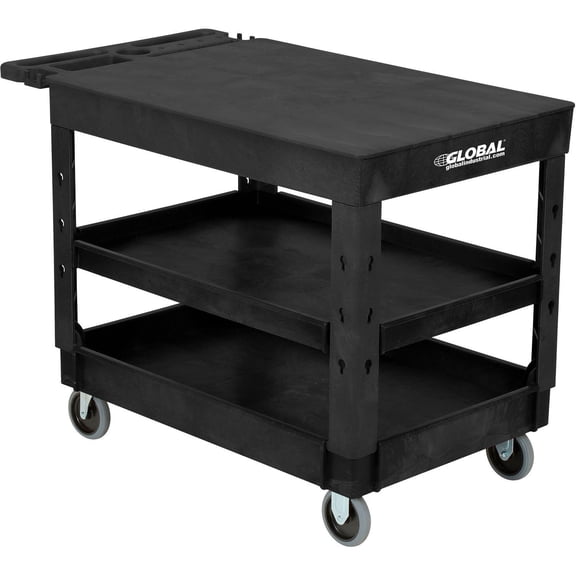 Global Industrial Flat Top Plastic Utility Cart, 3 Shelf, 44"Lx25-1/2"W, 5" Casters, Black