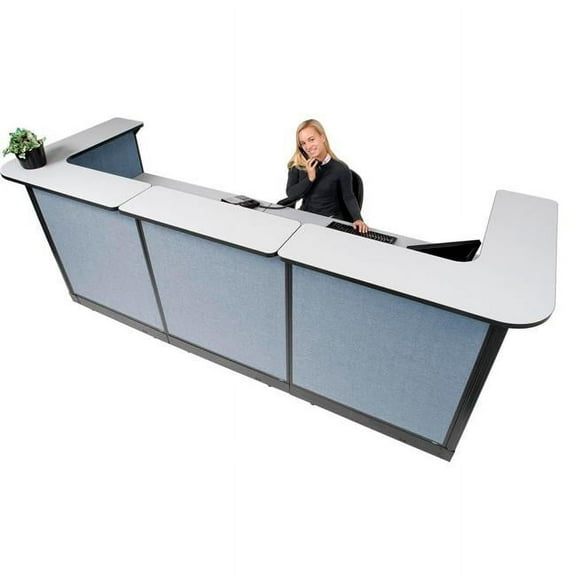 Global Industrial 3667318 Interion U-Shaped Reception Station with Raceway Counter Blue Panel - 124 x 44 x 46 in. - Gray