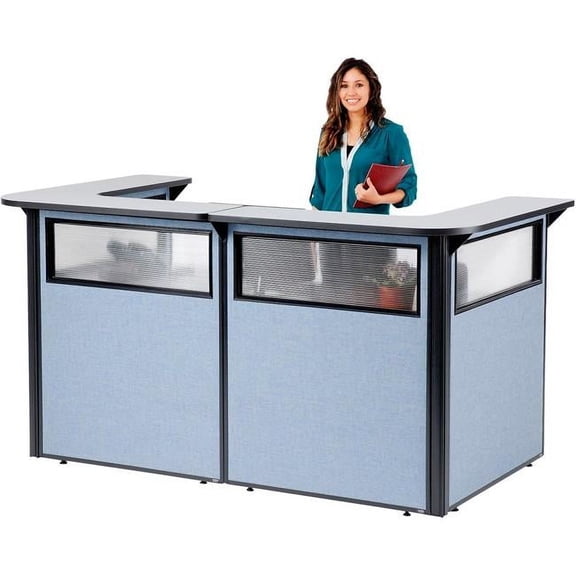Global Industrial 3666518 Interion U-Shaped Reception Station with Window Counter Blue Panel - 88 x 44 x 44 in. - Gray