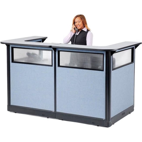 Global Industrial 3666918 Interion U-Shaped Reception Station with Window & Raceway - Counter & Blue Panel - 88 x 44 x 46 in. - Gray