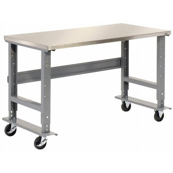 Global Industrial SS6030QAA Mobile Adjustable Height C-Channel Leg Workbench - Stainless Steel - 60 x 30 in. - Gray