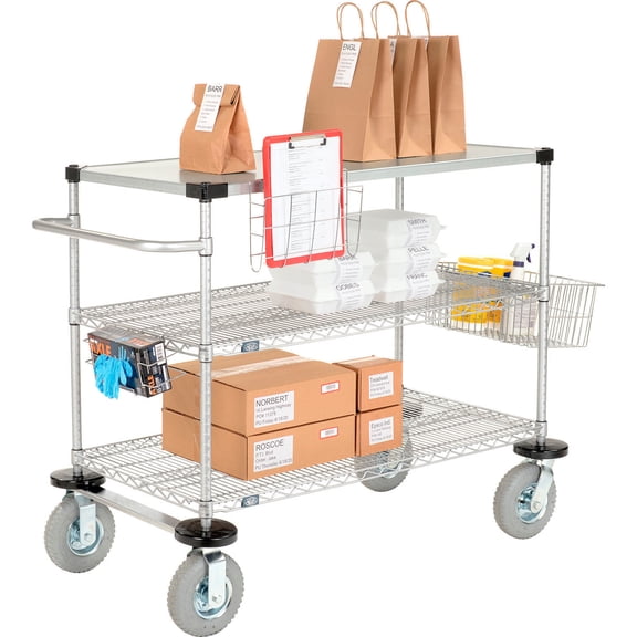 Global Industrial CS18362EPP Nexelate Curbside Cart with 3 Shelves & Pneumatic Casters - 36 x 18 x 43 in.