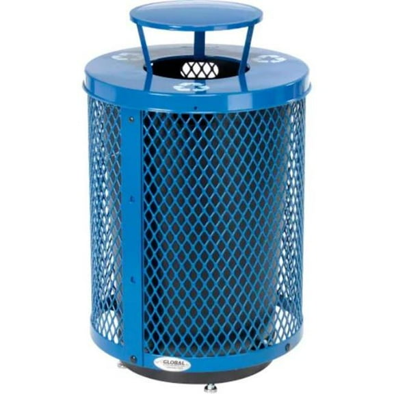 Global Industrial B3178674 Outdoor Diamond Steel Recycling Trash Can - Base & Rain Lid - 36 gal - Blue
