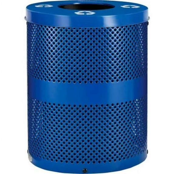 Global Industrial B3178679 Outdoor Perforated Steel Recycling Trash Can - Flat Lid - 36 gal - Blue