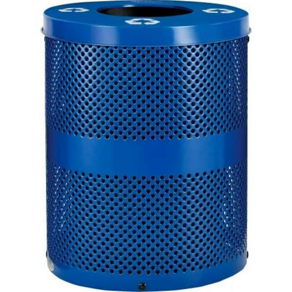 Global Industrial B3178679 Outdoor Perforated Steel Recycling Trash Can - Flat Lid - 36 gal - Blue