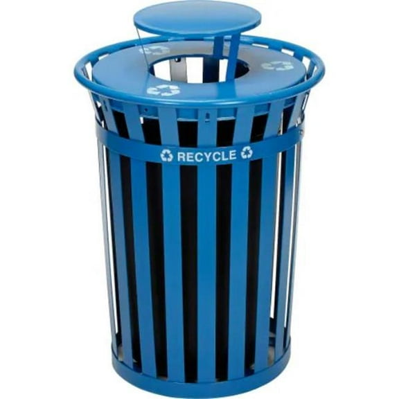 Global Industrial B3178688 Outdoor Steel Slat Recycling Trash Can - Rain Bonnet Lid - 36 gal - Blue