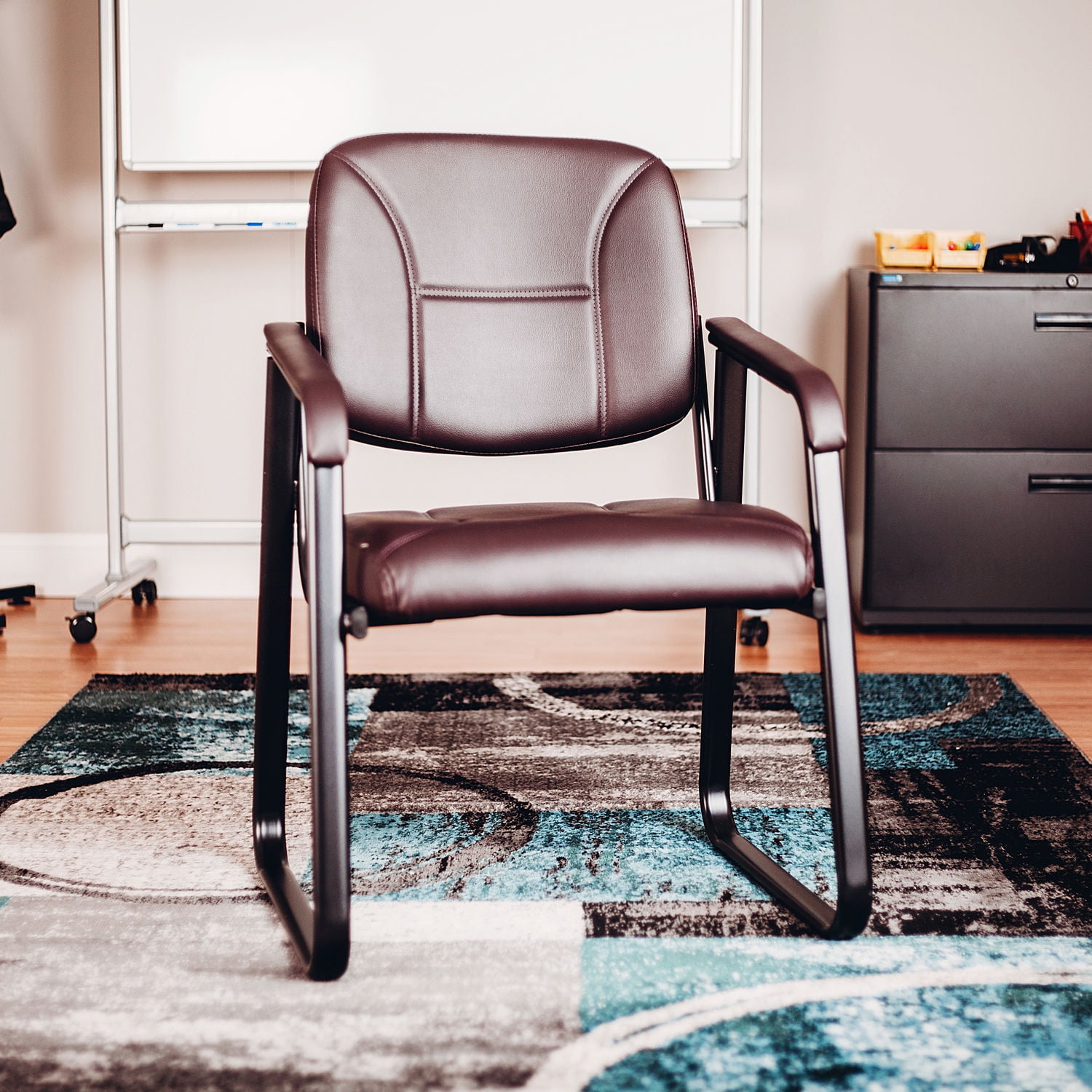 Burgundy Vinyl Reception Chair with Black Steel Frame