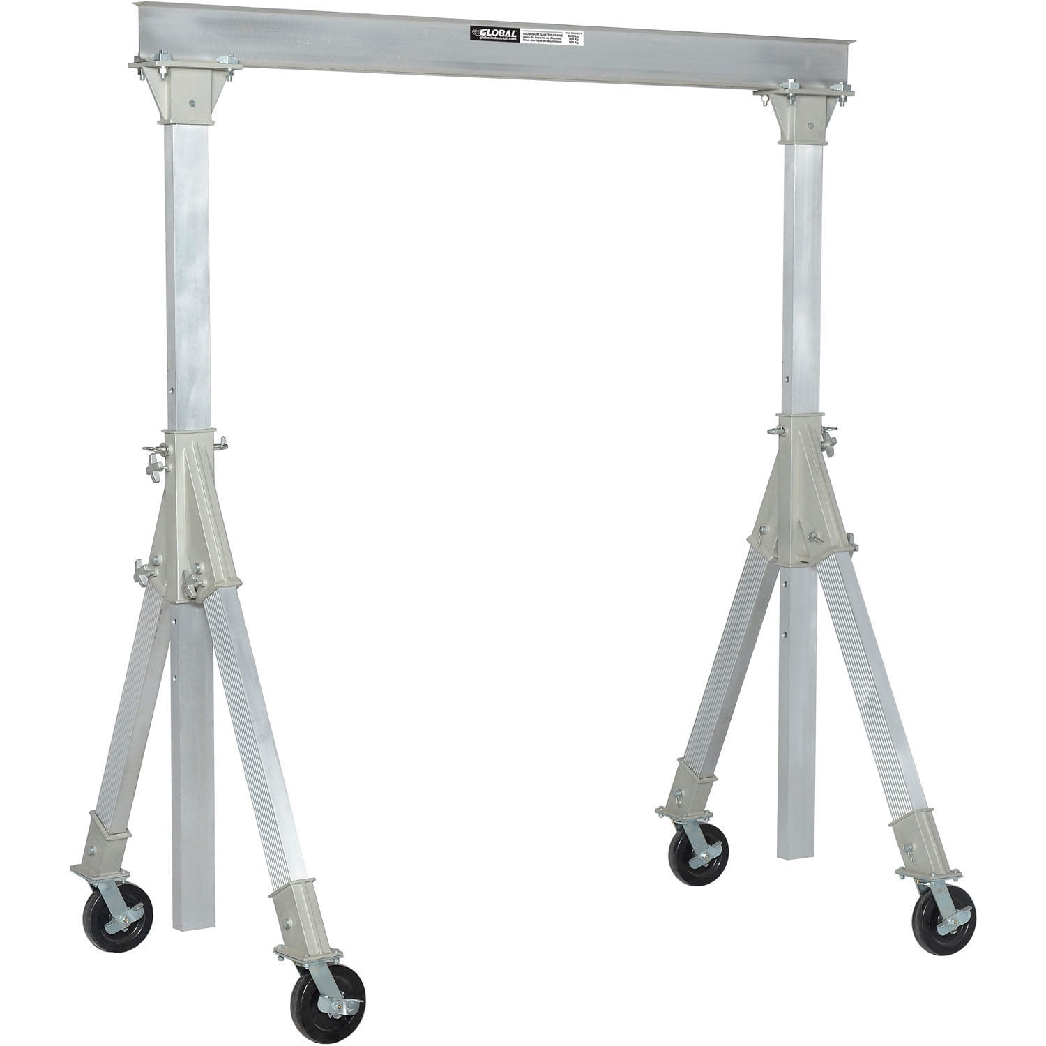 Aluminum Gantry Crane, KD, 2000 lb Load Cap, Adjustable Height, 8'W I-Beam