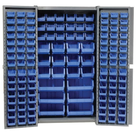 Global Industries Assembled Heavy-Duty Steel Bin Cabinet with 132 Blue Bins