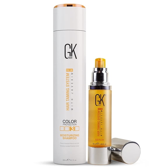 Global Keratin GK Hair Moisturizing Shampoo 300ml I Organic Argan Oil Hair Serum 50ml, Styling Smoothing Strengthening Hydrating & Nourishing Heat Protection Shine Frizz Control Dry Damage Hair Repair